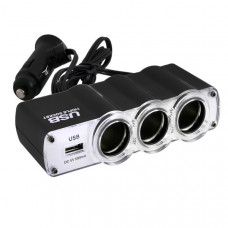 Разветвитель прикуривателя 3 гнезда + USB Черный, предохр 5А, USB 1A S02301007 (короткая вилка)