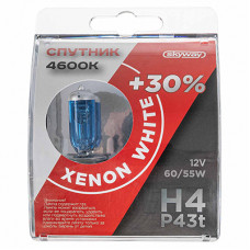 Лампа H4 12V 60/55W P43t 2-конт.1000/700Лм +30% XENON WHITE SKYWAY СПУТНИК 4600К Теплая белая(к=2шт)